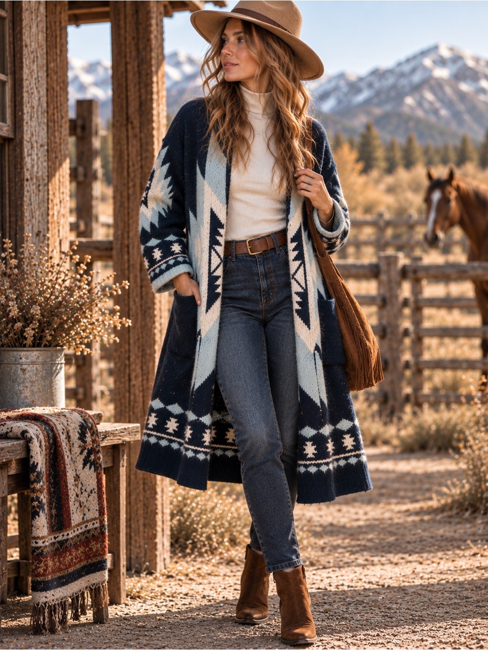 Southwestern Aztec Long Cardigan Duster Navy Blue Geometric Boho Size M